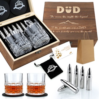 Whisky Gläser Set- Whiskey Gläser Papa -whiskey geschenke für männer- Vatertag Männertag Herrentag Geschenke für Männer Vater Stiefpapa Whiskey Eiswürfel Kühlsteine Whisky Zubehör mit Holz Geschenkbox