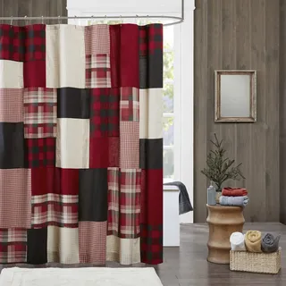 Woolrich Sunset Baumwolle Duschvorhang Plaid Lodge/Cabin Duschvorhänge für Badezimmer, 183 x 183 cm, Rot