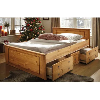 OTTO home Massivholzbett »Hugo, hohe Belastbarkeit! FSC® zertifiziertes Massivholz, Landhausstil« Breite/Belastbarkeit 180cm/200KG, 140cm/180KG, Stauraumbett aus massiver Kiefer, beige