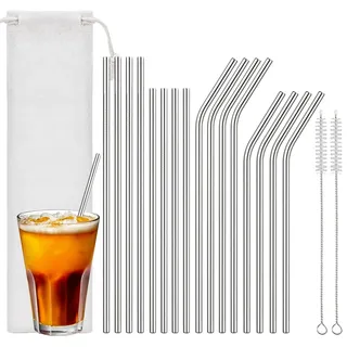 euqvunn 16-Teiliges Strohhalm-Set Edelstahl – 8 gerade & 8 gebogene (lange & kurze), Wiederverwendbare Strohhalme mit 2 Reinigungsbürsten und Tasche, Spülmaschinenfest