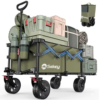 Sekey XXL Bollerwagen Faltbar mit Erweiterbarer Heckklappe 135L & 200L, Faltbarer Bollerwagen Klappbar Angelwagen Zusammenfaltbar aus Vier Richtungen bis 150KG, Flexi 4019, Olivgrün