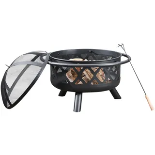 Teamson Home Große 76 cm runde Holzfeuerstelle für den Garten, Gartenmöbel, Kaminofen, Feuerstellenheizung, Metall-Holzbrenner-Feuerschale mit Deckel und Schürhaken