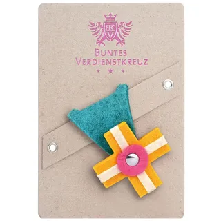 Anstecker Buntes Verdienstkreuz vonbox blau, Designer Ilja Oelschlägel, 5.5x7.5x0.8 cm