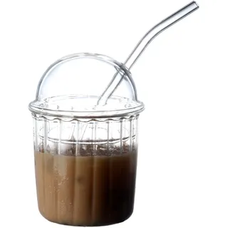 TITA-DONG Niedliche Trinkgläser mit Glaskuppeldeckel und Strohhalm, Wiederverwendbare Smoothie-Becher mit Breiter Öffnung, 425 Ml, Glas, Kaffee-Eisbecher, Glas-Bubble-Teebecher für Cola, Soda,(Weiss)
