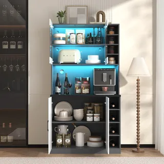 Küchenschrank mit LED-Beleuchtung, freistehender Highboard aus Holz,100x47x187cm, Schwarz - Weiß