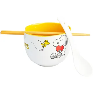 Get Trend Peanuts Snoopy Ramen Schüssel Set, 600ml Keramik Geschirr Set mit Schale, Löffel & Essstäbchen aus Bambus, Geschenk Idee (Multi Peanuts Snoopy)