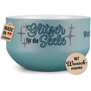 Print Royal PR Glitzer Müslischale mit Name selbst gestalten - Glitzer für die Seele - Personalisierte Schüssel bedrucken - Individuelle Geschenke für Freundinnen - Keramik, Blau 500 ml
