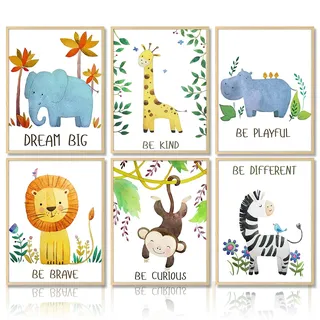 Dazzlewall Cartoon-Safari-Tier-Wanddekoration, Poster, inspirierende Zitate, Wandposter für Kinderzimmer, Dekoration, 20,3 x 25,4 cm, ungerahmt, 6 Stück