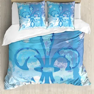 ABAKUHAUS Fleur de Lis Bettbezug Set, Illustration Der Lilien Blume Wie Gefrorener Heredischer Adel Emblem Queenly Style Druck, 200 x 200 cm + 80 x 80 cm, Blau - Blau