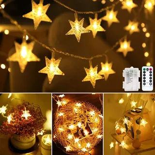 Metaku Lichterkette LED Lichterkette Sterne Batterie 6M 40LED Sterne Warmweiß Lichterkette mit Fernbedienung 8 Modi Wasserdicht Außen Innen Weihnachten Lichterketten für Zimmer Party Garten DIY Deko