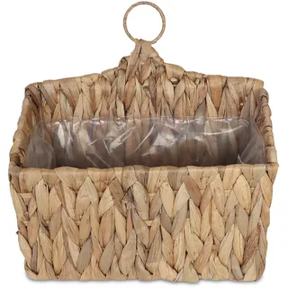 Relaxdays Blumenampel Wasserhyazinthe, Kräuter, Pflanzen, HBT 29 x 28 x 15 cm, Pflanzkorb geflochten, Folie, Ring, Natur