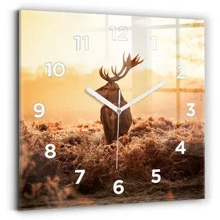Wallfluent Wanduhr – Stilles Quarzuhrwerk - Uhr Dekoration Wohnzimmer Schlafzimmer Küche - Zifferblatt - weiße Zeiger - 30x30 cm - Hirsche bei Sonnenaufgang - Braun