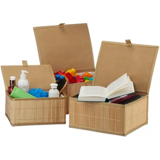 Relaxdays Aufbewahrungskorb 3er Set mit Deckel & Stoffeinsatz 26 x 34 x 16 cm braun