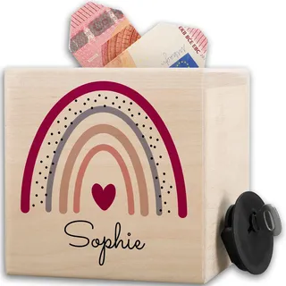 Shirtracer Spardose Holz personalisiert Regenbogen mit Name | Holz, 10x10cm, Bunt, Wolken, Schlüssel und Schloss, Kinder, Mädchen, Jungen, Taschengeld, Sparbox, Sparbüchse, Sparschwein