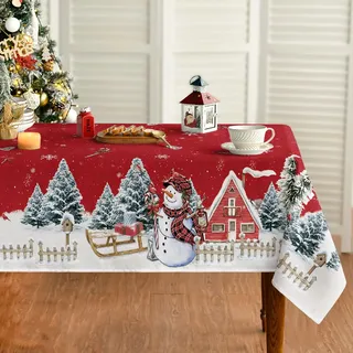 Artoid Mode Rot Haus Schnee Bäume Zaun Schneemann Weihnachten Tischdecke 140x220 cm, Winter Fleckschutz Tischwäsche Küche Dekoration Party Dekor