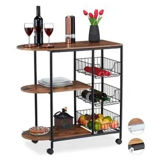 Relaxdays Servierwagen, Küchenwagen mit 3 Ablagen & 3 Körben, Industrial, Metall & MDF, HBT: 84x83x37 cm, schwarz/braun, 1 Stück