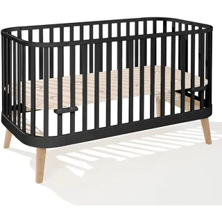 ATB MEBLE Gitterbett 140x70 cm - 2in1 Babybett Kinderbett umbaubar - PRINCIPAL Beistellbett Baby - Bett Baby Mitwachsend - Jugendbett - Schwarz - Schwarz