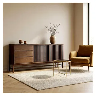 Sideboard Adamo 175 cm aus Massivholz mit Nussbaum-Finish - Kommode mit 2 Lamellen-Schiebetüren und 3 Schubkästen, Möbel für Wohnzimmer mit viel Stauraum, Anrichte mit verstellbarem Einlegeboden - Braun