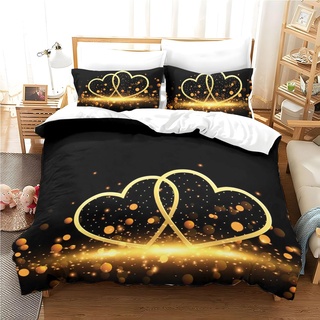 Freyamy 3D Herz Bettwäsche 200x200cm 3teilig Schwarz Gold Herzmotiv Liebe Luxus Bettwaren-Sets Mikrofaser Weiche Kinderbettwäsche Mädchen Bettbezug mit Reißverschluss und 2 Kissenbezug 80x80cm