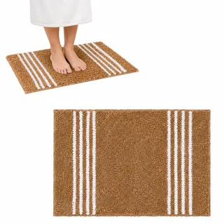 Premier Moderner Baumwollteppich, Beige und Weiß, Gestreiftes Hochflor-Design, Weicher Badezimmerteppich, rutschfeste Unterseite
