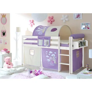 Hochbett TICAA "Malte", lila (kiefer massiv weiß, prinzessin, lila), B:101cm H:114cm L:205cm, Hochbetten, Hochbett, mit Rollrost und in verschiedenen Ausführungen wahlweise mit Matratze