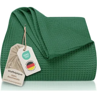 LAYNENBURG Premium Tagesdecke 220 x 240 cm XXL - Waffelpique 100% Baumwolle - leichte Wohndecke Waffeloptik - Baumwolldecke Bett-Überwurf, Sofa-Überwurf, Couch-Überwurf - Sofa-Decke (Dunkelgrün)