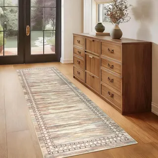 Homcomodar Teppich Läufer Flur 80X200cm Flur Teppich Beige Küchenläufer Waschbar Morden Teppichläufer rutschfest für Küchen Hallway Schlafzimmer Eingang Wohnzimmer