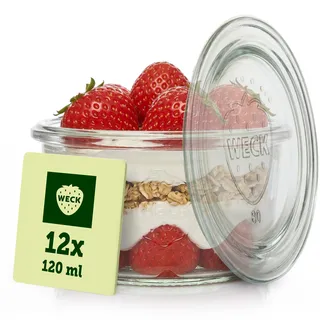 Weck Gläser 120ml – 12er Set mit Deckeln – Sturzform – robuste, stapelbare Dessertgläser, Einkoch- & Einmachgläser – klein – Weckglas ideal für Nachtisch – Made in Germany