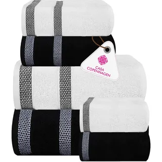 Casa Copenhagen, 6teiliges Designer Handtuch Geschenkset aus 100% ägyptischer Baumwolle – Dunkelschwarz + Weiß, 600 g/m2 (2Badetücher, 2Handtücher, 2Waschhandschuhe) Geschenkbox für Damen & Herren