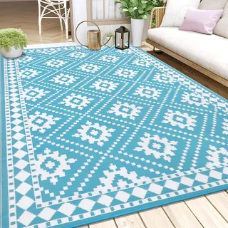 Enyhom Outdoor Teppich Wetterfest 240 x 300 cm, Wendbarer Bodenmatte Kunststoff Terrassenteppich Außenteppich UV-beständige RV Camping Balkon Teppich für Patio Strand BBQ Picknick, Türkis