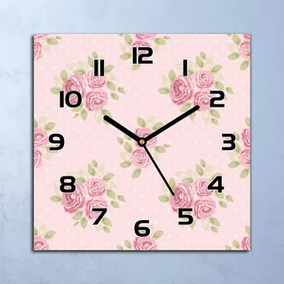 Wanduhr Echt-Glas-Küchenuhr Rosa Rosen grün Quarz Lautlos 30x30 Deko Bilder - Rosa
