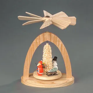 Weihnachtspyramide ALBIN PREISSLER "Wärmespiel mit Weihnachtsmann, Schlitten und Ringelbäumchen", beige (natur), B:11cm H:13cm T:7cm, Massivholz, Weihnachtspyramiden, Weihnachtspyramide, Handwerkskunst aus dem Erzgebirge, Weihnachtsdeko aus Holz