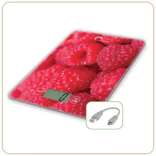 LITTLE BALANCE Slim Framboises USB-R, Küchenwaage ohne Akku, USB wiederaufladbar, reparierbar, 5 kg, Himbeeren