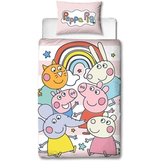 Character World Peppa Pig and Friends Offizielles Bettwäsche-Set für Einzelbett, buntes Verspieltes Design, wendbar, 2-seitig, inkl. passendem Kissenbezug, Polycotton