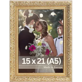VictoR Vintage Bilderrahmen „Rubens“ in 15x21 cm (A5) Gold Grün - Leiste: 30x20mm - Echtglas - Fotorahmen Barock - Antik - Bilderrahmen 15x21 Gold - Fotorahmen A5 Vintage