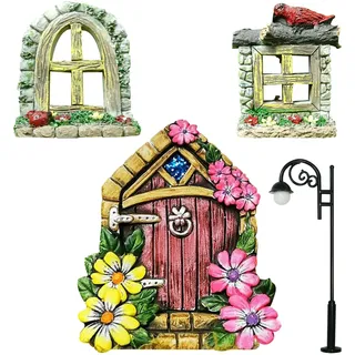 BSITSSS 4 Stück Feentür, Miniatur Feenhaus Gartendeko, Hölzerne Feen Türen für Garten Elfen, DIY Fairy Garden Yard Door Windows Kit mit Licht für Bäume Gartendeko Rasen