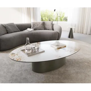 DELIFE Couchtisch Casilda 150x90 cm Keramik Minas Melange Weiß-Beige Mittelfuß Effektfinish Titan - Beige, Weiß