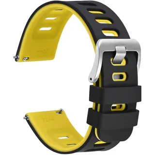 WOCCI 22mm Zweifarbig Uhrenarmband, Silikon Kautschuk, Ersatzband für Herren und Damen, Silberne Edelstahlschnalle (Schwarz-Gelb)