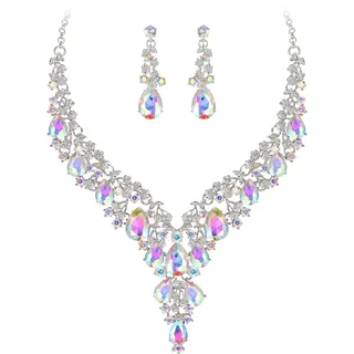 Clearine Hochzeit Schmuck-Set Tropfen Strass Cluster Statement Halskette und Ohrhänger-Set Kostümschmuck für Damen Schillernder AB-Silberton