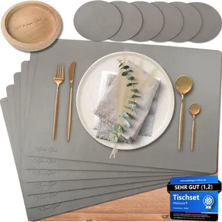 Mahewa® 6er Set Premium Tischset aus Kunstleder - Platzset abwaschbar und wasserdicht - Platzdeckchen Telleruntersetzer in Lederoptik (Silber/Hellgrau, Eckig mit Halter)