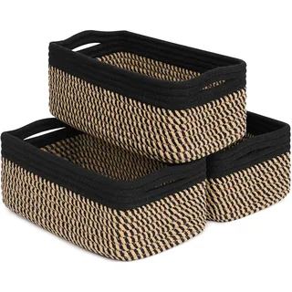 TIMEYARD Aufbewahrungskörbe, kleine Körbe zum Ordnen Geschenkkorb Leerer geflochtener Seilkorb für Regale Schrank-Organizer-Behälter für Handtücher 3er-Pack, schwarz & Jute, 28 x 18 x 11 cm