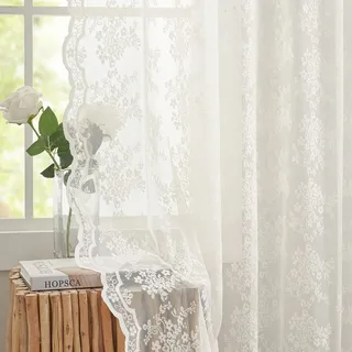YJ Yanjun Vintage-Spitzenvorhänge, 213 cm, lang, römische Blumen und Zweige, durchscheinende Spitzenvorhänge für Wohnzimmer, französische Tür, 1 Paar Stangentasche, 132 x 213 cm, Elfenbein