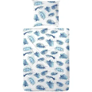 Hahn Baumwoll Baumwoll-Seersucker Blätter Blau Weiß Grün, Blau 155 x 220 cm + 80 x 80 cm - Royalblau