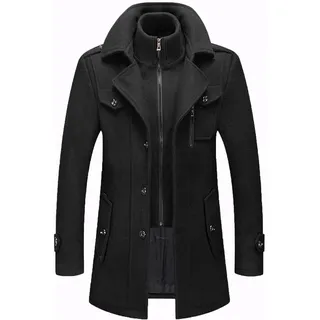 Männer Warmer Wollmantel abnehmbare Doppelkragen Erbsen-Mäntel Casual Winter Business Slim Fit Jacke Plus Baumwollfutter Dicker Abzug im Freien Winddichte Mantel