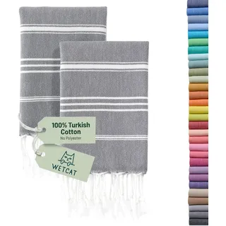 WETCAT Türkische Handtücher mit Aufhängeschlaufe (20x30) - 2er Set 100% Baumwolle weich - vorgewaschen Farmhouse Boho Handtücher für Badezimmer - Einzigartiges dunkelgrau Küchentücher Deko-Set