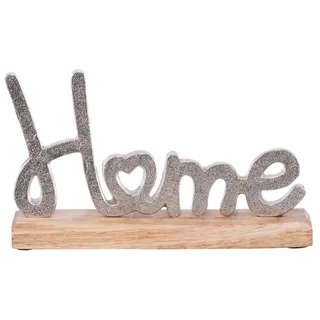 Brandsseller Deko-Schriftzug Home Aluminium RAW Optik Aufsteller ca. Breite 21 cm Höhe 12 cm auf Mangoholz-Sockel Silber/Braun