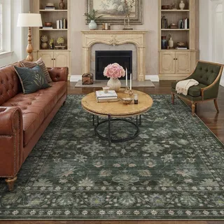 PureCozy Grün Teppich Wohnzimmer 200x300cm Waschbarer Blumenmuster kurzflor rutschfest Weich Bumen Boho Vintage Teppiche Groß für Schlafzimmer Küchen Esszimmer Bedroom Living Room