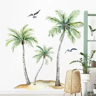 Supzone Wandtattoo Palme Wandaufkleber Tropische Pflanze Sonnenuntergang Strand Wandsticker für Wohnzimmer Schlafzimmer Büro Küche Sofa TV Hintergrund Wanddeko