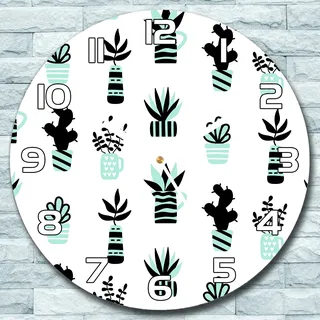 Wanduhr aus Glas Rund fi 30 Kleine Sukkulenten in Töpfen Deko Schlafzimmer Büro - Grün