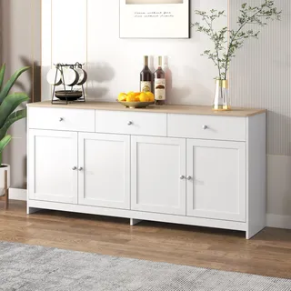 FurnitureR Sideboard mit weißer Holzmaserung, Vier Türen, mit DREI Schubladen, Wohnzimmer, Esszimmer. Holzfarbe und Weiß